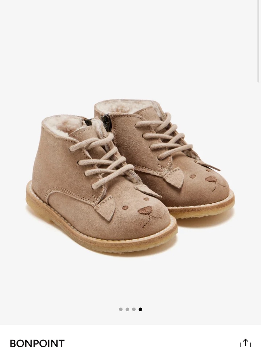 Bonpoint Beige Suede Kids Lace-Up Shearling Boots with Animal Face